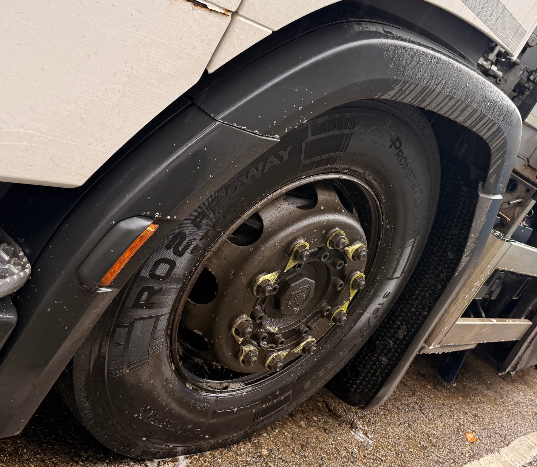 Heavy brake dust and grime on a commercial vehicle wheel